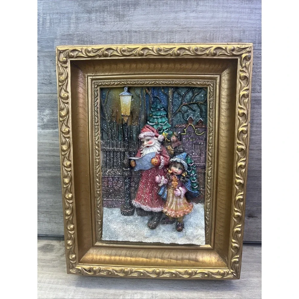 Santa Little Girl In The Snow Christmas Tree Gold Framed Vintage 3D Picture